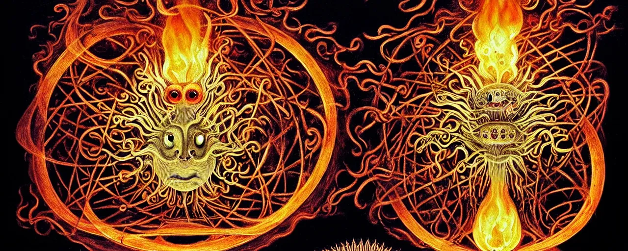 Image similar to a strange fire creature with endearing eyes radiates a unique canto'as above so below'while being ignited by the spirit of haeckel and robert fludd, breakthrough is iminent, glory be to the magic within, in honor of saturn, painted by ronny khalil