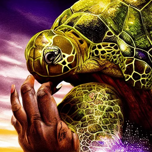 Prompt: kobe bryant kissing a giant turtle in heaven, photorealistic, side view, amazing digital art, amazing detail, fantasy art, artstatiom, cgsociety, epic art