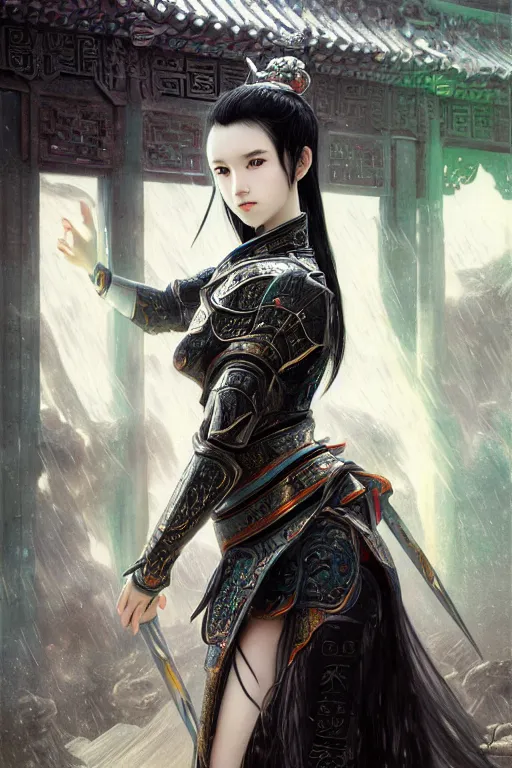 Image similar to portrait black hair young knights of Dynasty Warriors girl, matt white mirror armor, in ruin chinese temple rooftop heavily rain sunrise, ssci-fi and fantasy, intricate and very beautiful and elegant, highly detailed, digital painting, soft light, artstation, concept art, smooth and sharp focus, illustration, art by tian zi and WLOP and alphonse mucha