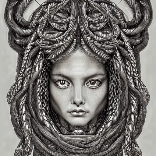 Prompt: symmetrical highly intricate, detailed portrait painting of medusa by greg rutowski