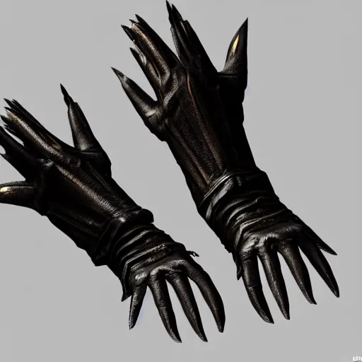 Image similar to metal claws on gloves, old leather gloves with attached talons, pointy fingertips, dark background, highly detailed, 8 k, trending on artstation, mystic, rpg artwork, by peter jackson, by sauron