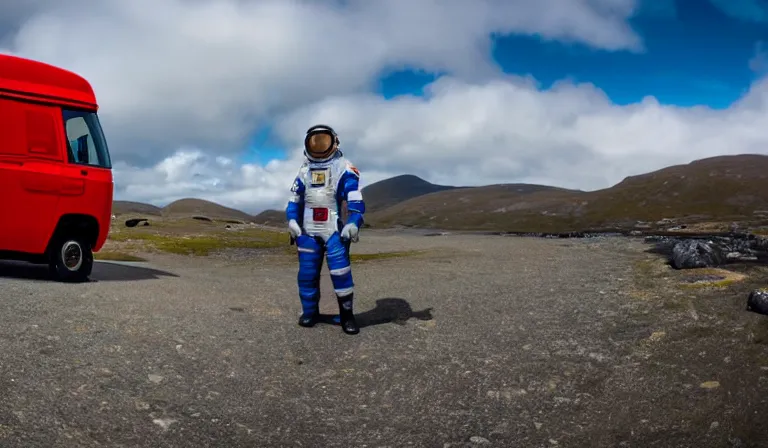 Prompt: tourist astronaut standing in the Isle of Harris, Scotland, a futuristic campervan in the background, wide angle lens, photorealistic