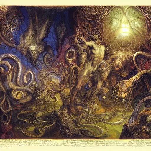 Image similar to muscular eldritch radiating town fractal shimmering phantasm, by h. r. giger and esao andrews and maria sibylla merian eugene delacroix, gustave dore, thomas moran, pop art, chiaroscuro, biopunk, art nouveau