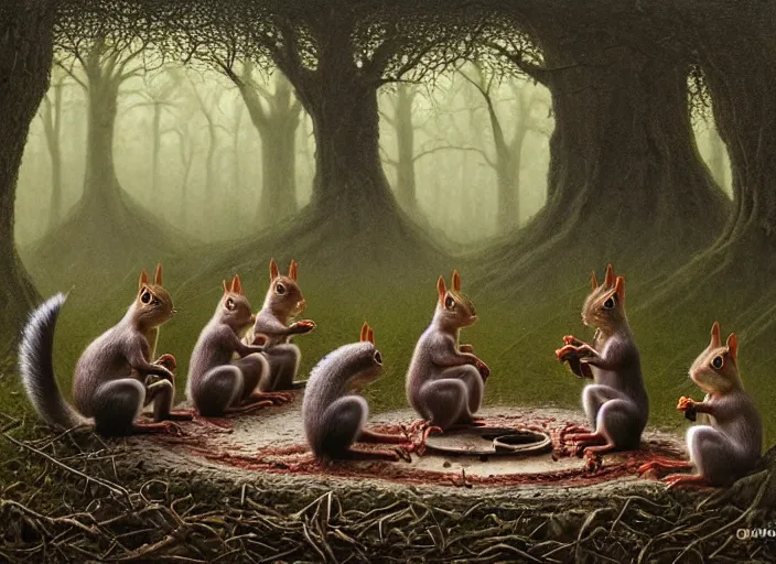 Image similar to photo, squirrels sitting around a gory circle, woodland location, stefan kostic and david cronenberg, realistic, sharp focus, 8 k high definition, intricate, chiaroscuro, elegant, perfect faces, symmetrical face, extremely detailed, hypnotic eyes, realistic, fantasy art, masterpiece zdzislaw beksinski, national geographic, artgerm