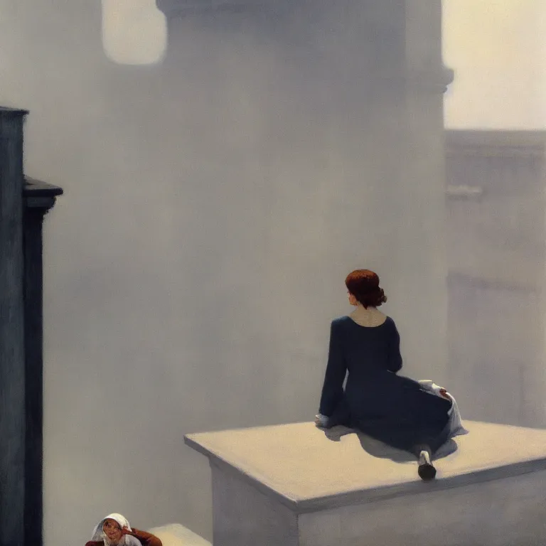 Prompt: woman sitting on a ledge, fog, early morning, , painted by Edward Hopper, Robert McGinnis, painted by Wayne Barlow, airbrush