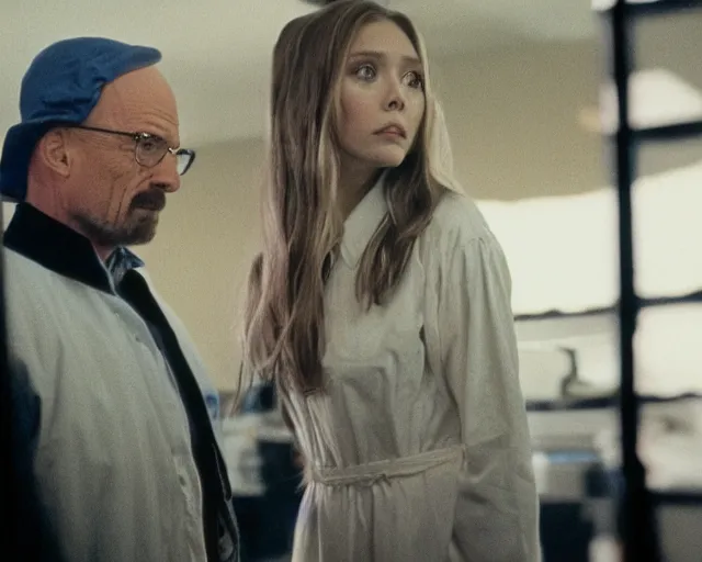 Prompt: Elizabeth olsen and Walter white lost in backrooms, cinestill 800t, cinematic shot, 4k HD,black bar movie