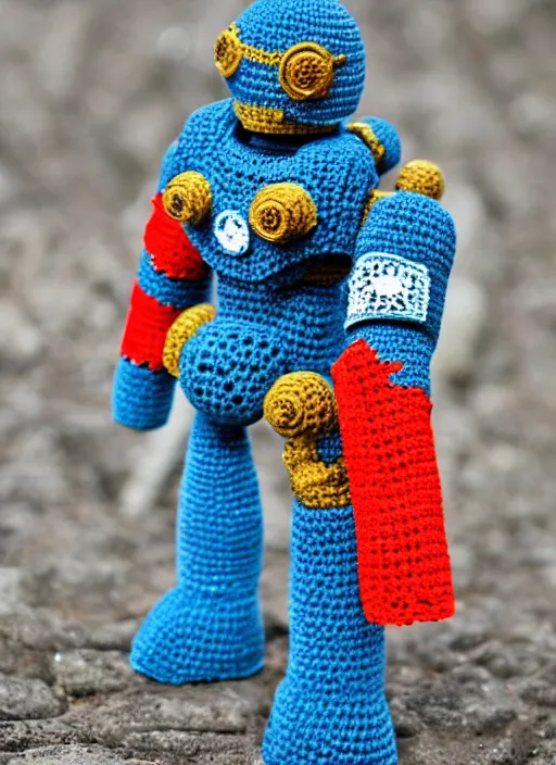 Image similar to a crochet mecha with rocket launchers, realistic, no cropping, full body, Sigma 50 mm f/1.4