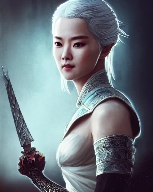 Image similar to Zhang Ziyi as Ciri from Witcher 3 by Artgerm and Greg Rutkowski, wearing haute couture by schiaparelli, sharp focus, sun rays, intricate, elegant, highly detailed, digital painting, masterpiece.