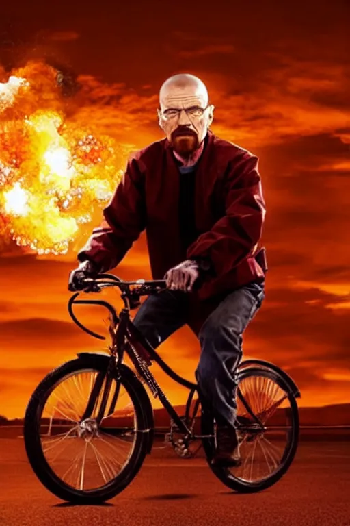 Image similar to photo of walter white riding a bike with an exploding building behind him, color, cinematic lighting