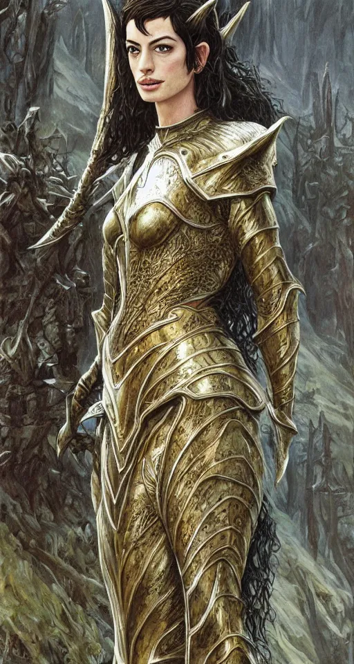 Image similar to Detailed painting of anne hathaway wearing elven armor by Ted Nasmith