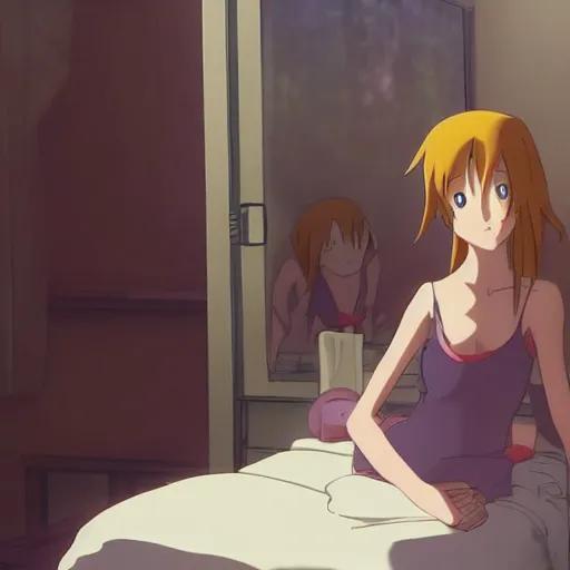 Image similar to goofy anime girl posing in front of a mirror in her bedroom, anime, by makoto shinkai, bedroom