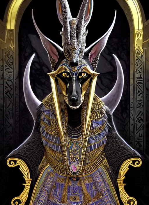 Prompt: sinister god anubis, growling jackal with egyptian headdress and nemes, ornate art nouveau marble throne room, black and silver palette, symmetrical background, fantasy, intricate, elegant, highly detailed, colorful, dark colors, dramatic shadow, digital painting, artstation, concept art, art by artgerm and greg rutkowski and ruan jia,