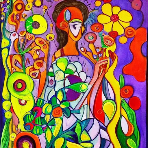 Prompt: a painting of a woman holding a bouquet of flowers, an ultrafine detailed painting by john backderf, trending on deviantart, psychedelic art, psychedelic, oil on canvas, impressionism, ( ( a cubist painting by friedensreich hundertwasser ) ), metaphysical painting, hall of mirrors, ( ( fauvism ) )