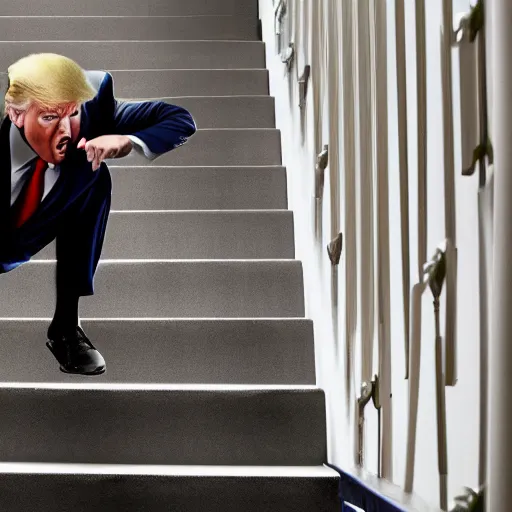 Prompt: Donald Trump struggling to climb a staircase, with climbing gear and ropes on, screaming, angry, 4k, high quality photograph