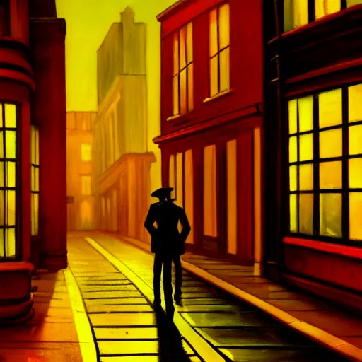 Image similar to a lonely street of a steampunk city at night, only one sad man walking down the street, in the style of Edward hopper, 4k,