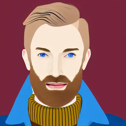 Prompt: A gangly british man, with short blond hair and short blond beard wearing a blue jacket and brown turtleneck , blue eyes, pale skin, English heritage, digital art, cartoon, mid-shot, 8k