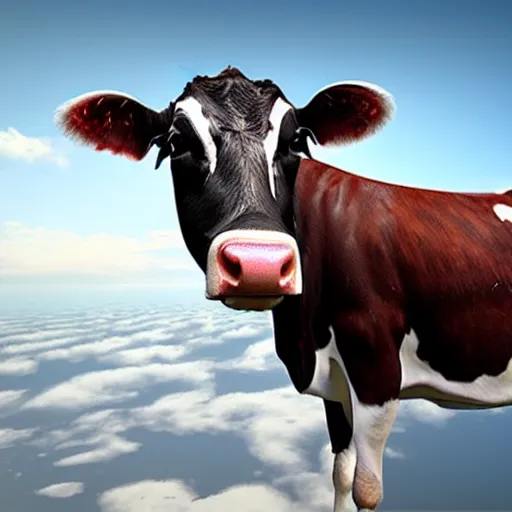 Image similar to a highly detailed ultra realistic photograph of a cow that is an airplane pilot