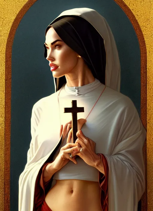 Prompt: portrait of megan fox as nun, bible, church, catholic, christian, intricate, headshot, highly detailed, digital painting, artstation, concept art, sharp focus, cinematic lighting, illustration, art by artgerm and greg rutkowski, alphonse mucha, cgsociety