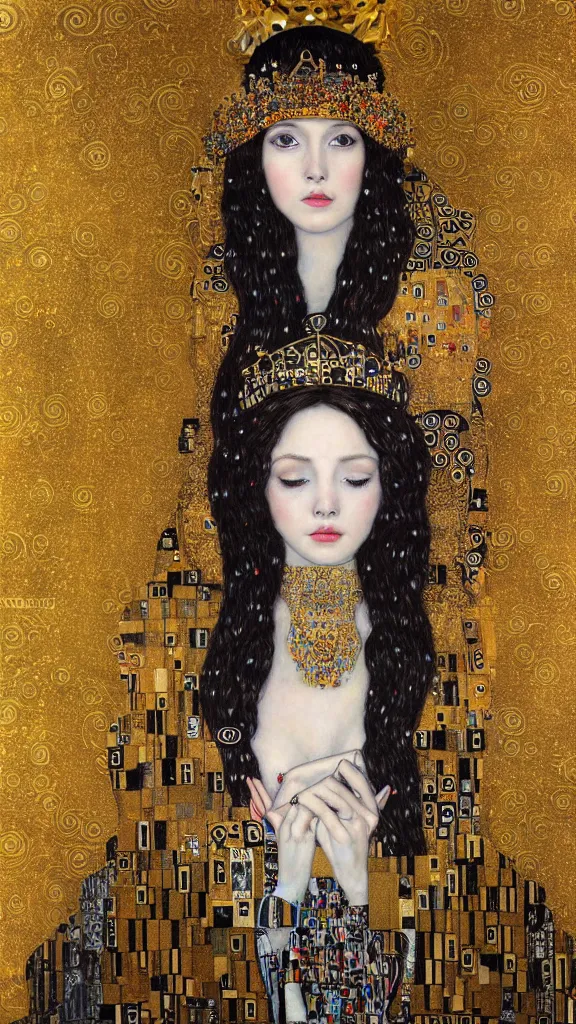 Image similar to a soft and breathtaking detailed painting of a beautiful black haired woman with pale skin and a crown on her head sitted on an intricate metal throne in the style of gustav klimt, blonde hair, shiny gold, elegant, highly detailed, artstation, fluo colors, concept art, matte, sharp focus, art by gustav klimt