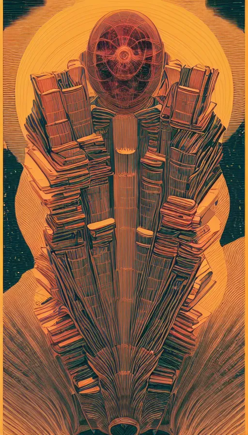 Image similar to the ancient oracle of bibliophiles, futurism, dan mumford, victo ngai, kilian eng, da vinci, josan gonzalez