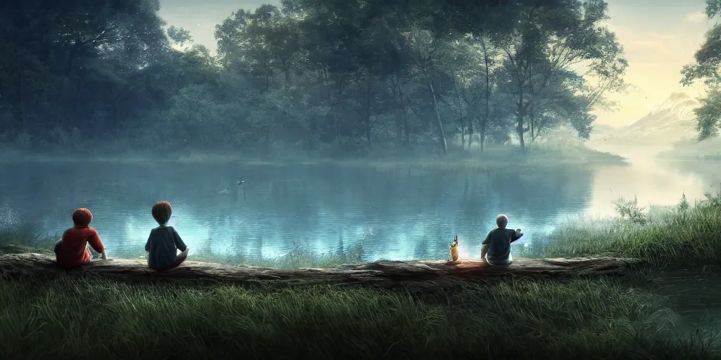 Image similar to a silver dragon and a boy sitting next to lake in forest, many fireflys, at night, concept art, dof, cryengine, digital art, detailed background, makoto shinkai