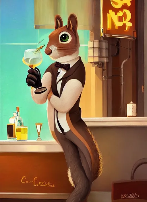 Image similar to squirrel anthro as a dapper bartender with a big, fluffy tail, retro futurism, art deco, detailed painterly digital art style by WLOP and Cory Loftis, 🐿🍸🍋, furaffinity, trending on artstation