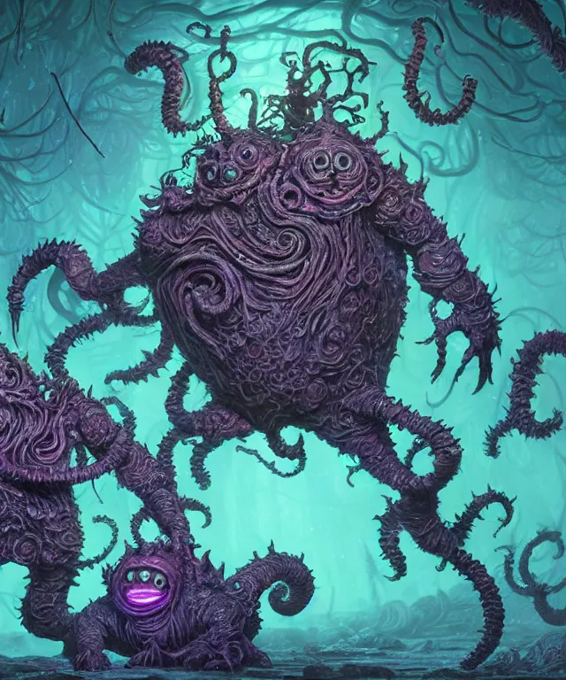 Prompt: a two headed xanathar made of bioluminescence in the art style of monsters inc, crisp 8 k line art, digital painting, artstation, unreal engine, octane render, emissive lighting, concept art, matte, sharp focus, hyper realistic lighting, illustration, art by junto ito and takato yamamoto and philippe druillet