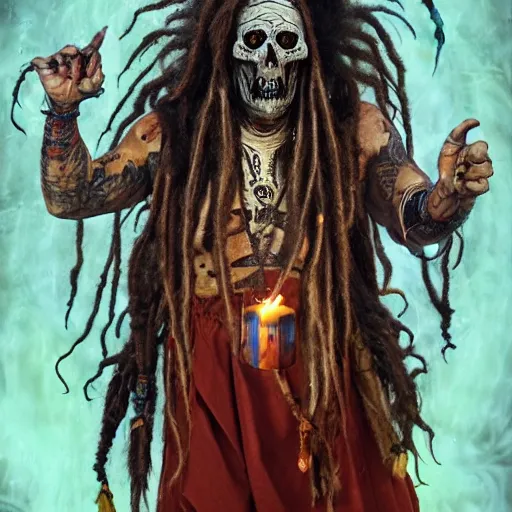 Image similar to a horror shaman with dreadlocks in sacrament of death