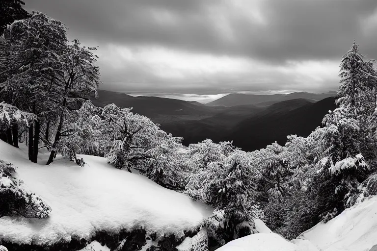 Prompt: landscape in snowy mountain by benjamin hardman