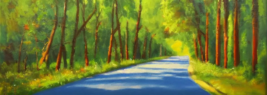 Image similar to road summer, trip style, soft lightning, green trees, oil painting by olga sacharoff