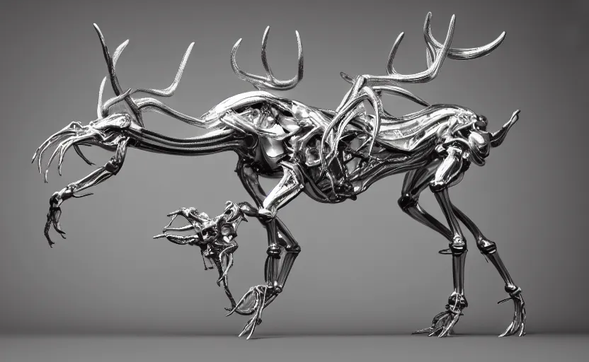 Image similar to stylized shiny polished silver statue full body extra limbs bizarre cosmic horror quadruped animal deer skull four legs made of marble of slug creature tendrils, perfect symmetrical body, perfect symmetrical face, hyper realistic, hyper detailed, by johannen voss, by michelangelo, octane render, blender, 8 k, displayed in pure white studio room