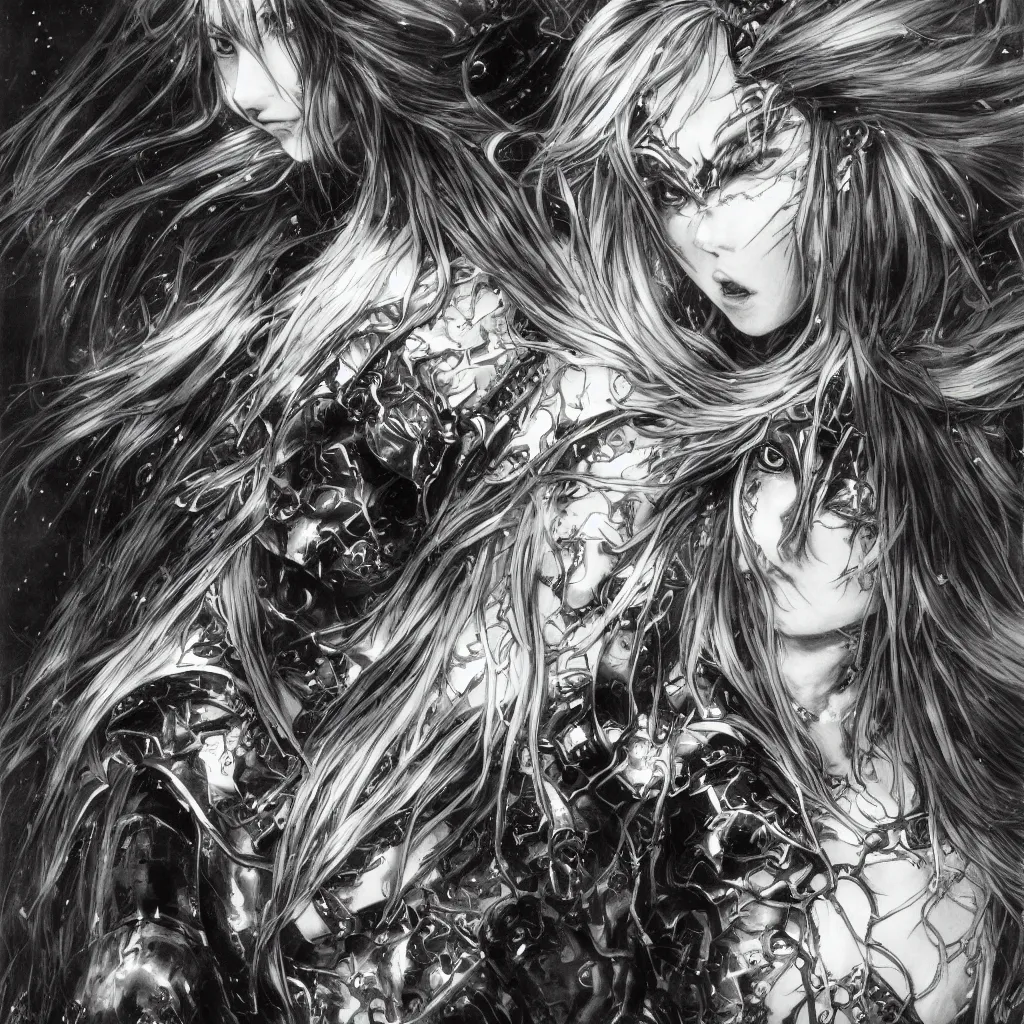 Image similar to Yoshitaka Amano realistic illustration of an anime girl with wavy white hair and cracks on her face wearing Elden ring armour with the cape fluttering in the wind, abstract black and white patterns on the background, noisy film grain effect, highly detailed, Renaissance oil painting, weird portrait angle