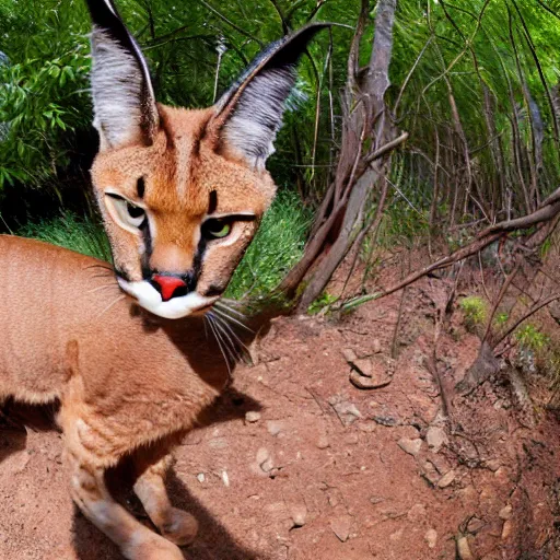 Prompt: fisheye photo of a caracal hissing