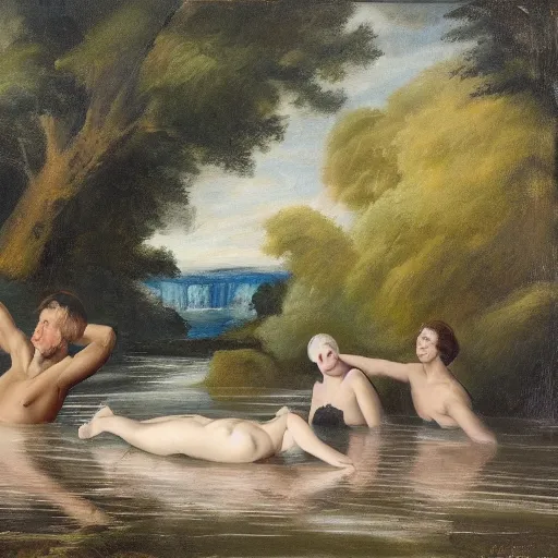 Image similar to The conceptual art depicts four bathers in a stream or river, with two men and two women. The bathers are shown in different positions, with one woman lying down and the other three standing. The conceptual art has a very naturalistic style, with trademark use of bold colors and brushstrokes. The overall effect is one of a peaceful scene, with the bathers enjoying the refreshing water. cool orange by Philip Treacy, by David Burliuk, by Mary Blair