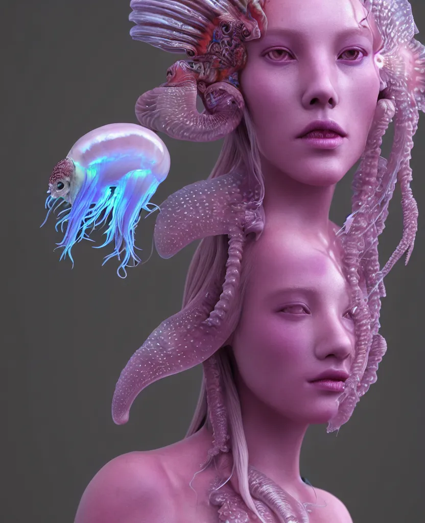 Image similar to goddess princess beautiful face close-up portrait ram skull zbrush sculpt. jellyfish phoenix head, nautilus, orchid, skull, betta fish, bioluminiscent creatures, intricate artwork by Tooth Wu and wlop and beeple. octane render, trending on artstation, greg rutkowski very coherent symmetrical artwork. cinematic, hyper realism, high detail, octane render, 8k