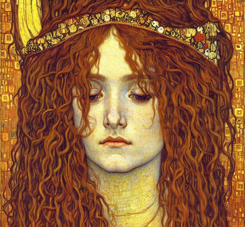 Image similar to detailed realistic beautiful young medieval queen face portrait by jean delville, gustav klimt and vincent van gogh, art nouveau, symbolist, visionary, gothic, pre - raphaelite, muted earthy colors, desaturated