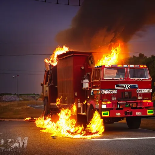 Image similar to a burning garbage truck, cinematic lightning, photograph