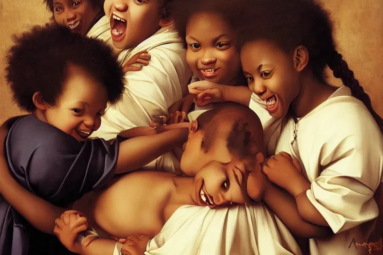 Image similar to carefree black children playing smiling and laughing surrounded, digital renaissance painting by artgerm by caravaggio and face by wlop