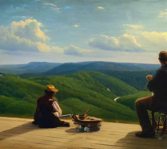 Image similar to landscape portrait of a couple sitting on a roof, looking over west virginia, smoking cigarettes, by william sidney mount, trending on artstation