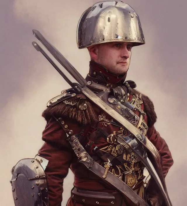 Image similar to portrait of an scottish man wearing a traditional nineteenth century scottish empire military uniform, metal shoulder pauldrons, intricate, highly detailed, digital painting, artstation, concept art, sharp focus, cinematic lighting, illustration, art by artgerm and greg rutkowski, alphonse mucha, cgsociety