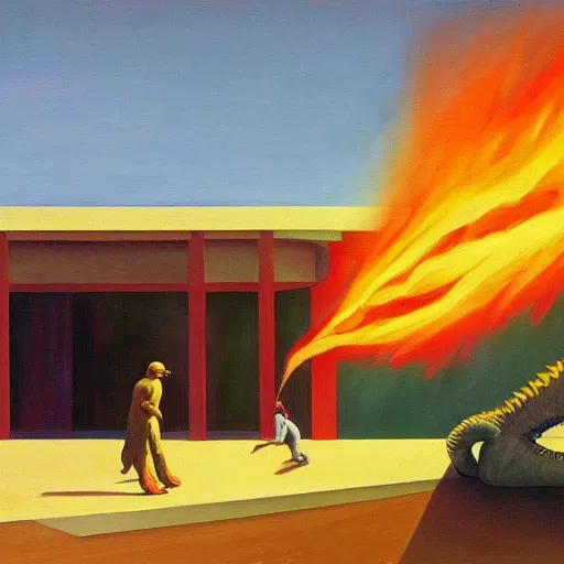 Image similar to painting of the extinction of the dinosaurs with asteroid and fire, in the style of edward hopper