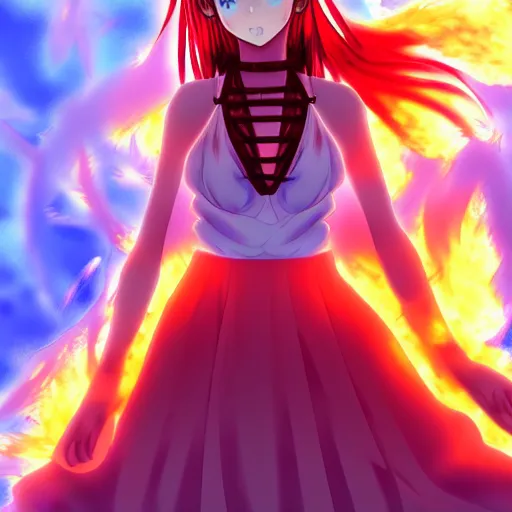 Prompt: advanced digital anime art, a very cute gorgeous teenage girl made of fire and ice with red fiery watery eyes glancing over her left shoulder wearing a dress made of water is standing in an apocalyptic burning city, full body, full round face, dramatic cinematic lighting, highly intricately detailed, medium shot, mid-shot, trending on pixiv, Artstation, Sakimimichan