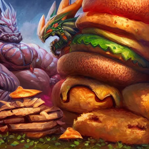 Image similar to Tiamat guarding a pile of cheeseburgers, dungeons and dragons, wizards of the coast, trending on art station, maximum detail, HD, cinematic