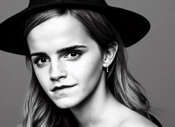 Image similar to photo portrait of emma watson with a funny hat, serious face, black and white, beautiful