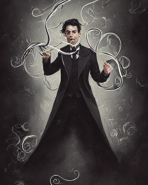 Image similar to a highly detailed portrait of devious male magician radiating a powerful energy aura, back tuxedo, wispy tendrils of smoke, intricate, digital painting, old english, raining, sepia, particles floating, whimsical background by marc simonetti, artwork by ramond swanland and liam wong