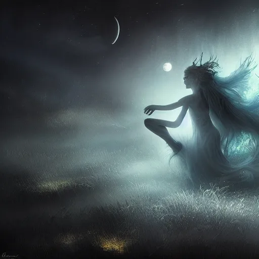 Image similar to the moonlit dance of the fae by marcel caram and elena vizerskaya, impresion de giclee arte abstracto, fantasy space, 8 k, award winning, atmospheric, artstation, volumetric lighting