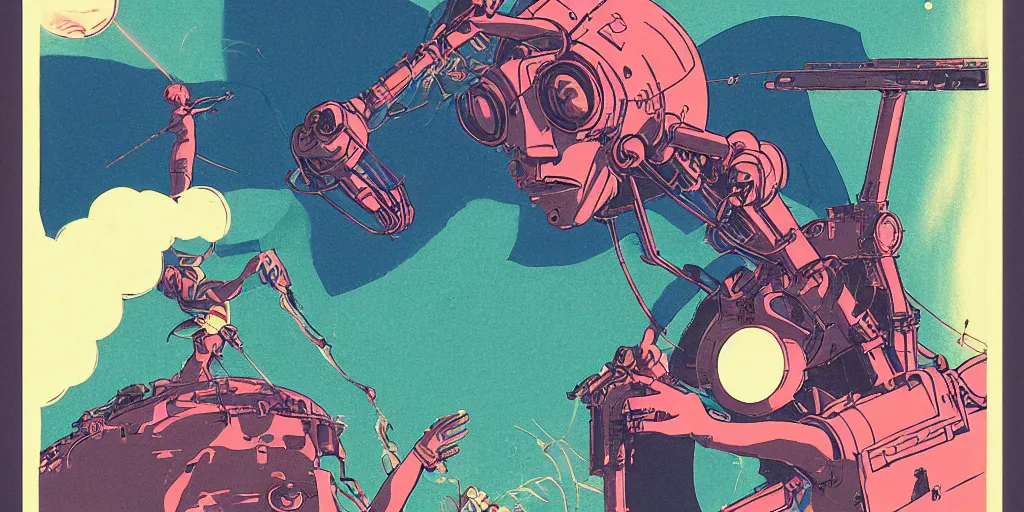 Image similar to a risograph of a futuristic vintage sci - fi, matte gouache illustration, gigantic woman playing with mechanical floating head shooting lasers from it's eyes, ornate, ominous, drawing by moebius and satoshi kon, 8 k