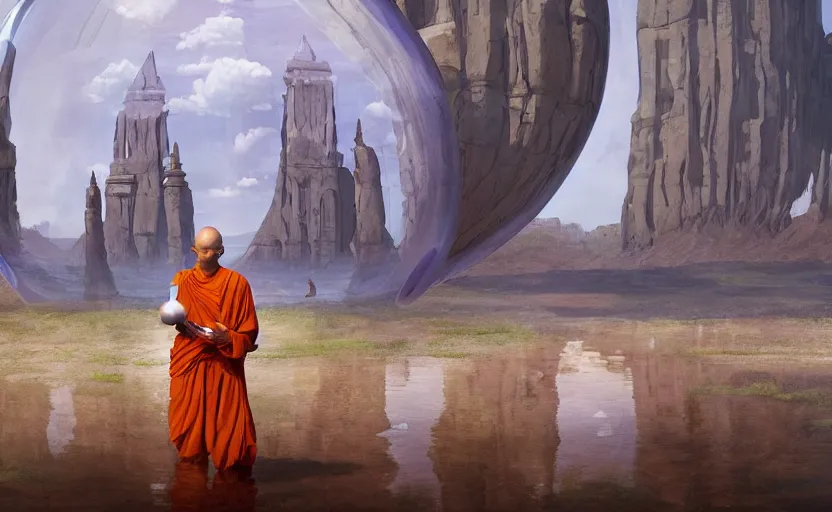 Image similar to a scary hyperrealist painting of an indian monk in a giant transparent bubble from howl's moving castle ( 2 0 0 4 ) in a flooded monument valley stonehenge jungle. depth perception, 4 k, artstation, in the style of studio ghibli