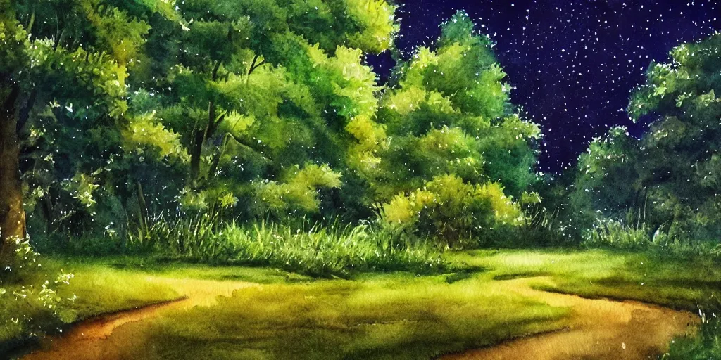 Prompt: nighttime nature landscape, lush, rich greenery, watercolor, ultra realistic, highly detailed, hd, sharp focus, warm colors, realistic, vivid colors, painting, non blurry, sharp, smooth, illustration