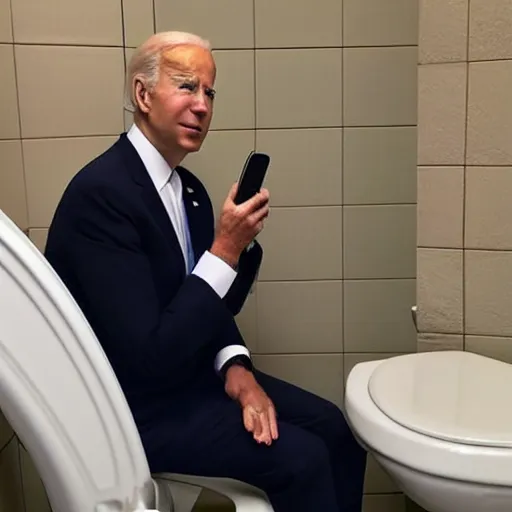 Image similar to joe biden sitting on a toilet looking at his phone, secret peekhole photo.